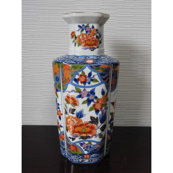 37cm H花瓶　伊万里牡丹絵柄　ブルー　梅型花器　フラワーベース