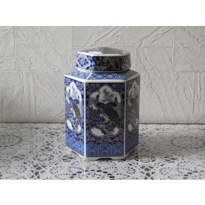 茶壺　六角クジャク絵 　置物・飾り・キャニスター・オーナメント・アクセサリーGinger Jar w/Blue peacock