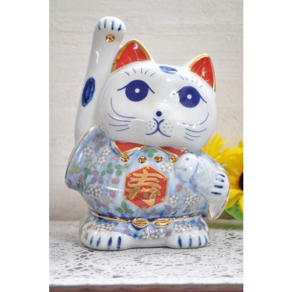 招き猫 花柄(大) 右手を上げた合格を招く招き猫・開運アップ・福猫・ 猫置物・オーナメント・オブジェ...