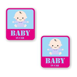 [2枚セット][ BABY IN CAR ] 車 サイン シール ステッカー ユポ素材 95mm x 105mm 厚み0.08mm [ピンク/文字ブルー]｜mobilewin