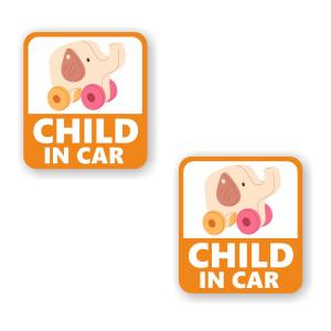 [2枚セット][ CHILD IN CAR ] 車 サイン シール ステッカー ユポ素材 95mm x 105mm 厚み0.08mm [象のおもちゃ オレンジ]｜mobilewin