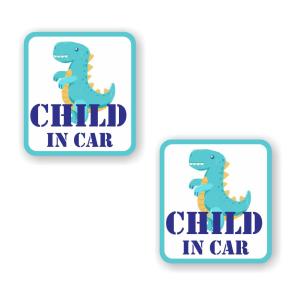 [2枚セット][ CHILD IN CAR ] 車 サイン シール ステッカー ユポ素材 95mm x 105mm 厚み0.08mm [恐竜/文字ブルー]｜mobilewin