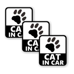 [3枚セット][ CAT IN CAR ][ 肉球 ] 車 サイン シール ステッカー ユポ素材 95mm x 105mm 厚み0.08mm [ホワイト/ブラック]｜mobilewin