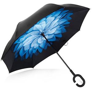 DeerbirdR 車逆さまの傘二重層抗紫外線タイプCゴム製ハンドル防風傘、全天候型自立バックハンド傘 - 青い花｜mochii0055