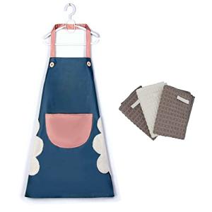 防水耐油キッチンエプロン 首掛け 手拭き箇所付き 両側に手拭き布が1枚ずつある 超細繊維の雑巾が3本ございます - おしゃれ 大容