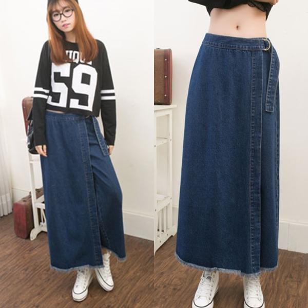 カットオフ デニム ラップスカート風 マキシ丈 パンツ トレンド カジュアル ブルー 即納