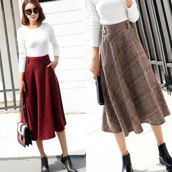 オーバーチェック きれいめカジュアル ミモレ丈 フレアスカート レッド ブラウン グレー 即納