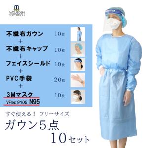 不織布ガウン防護服 5点セット X 10人分 3Mマスク 使い捨てガウン
