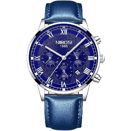 NIBOSI腕時計 メンズ ブルー 革ベルト クロノグラフ 防水 ブランド アナログ ビジネス うで...