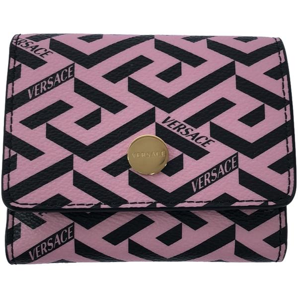 VERSACE ヴェルサーチ ラ グレカ コンパクトレザーウォレット 三つ折り財布  ピンク×ブラッ...