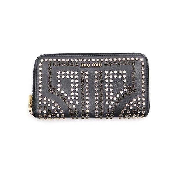miu miu ミュウミュウ ラウンドジップスタッズロングウォレット ブラック  レディース ITE...