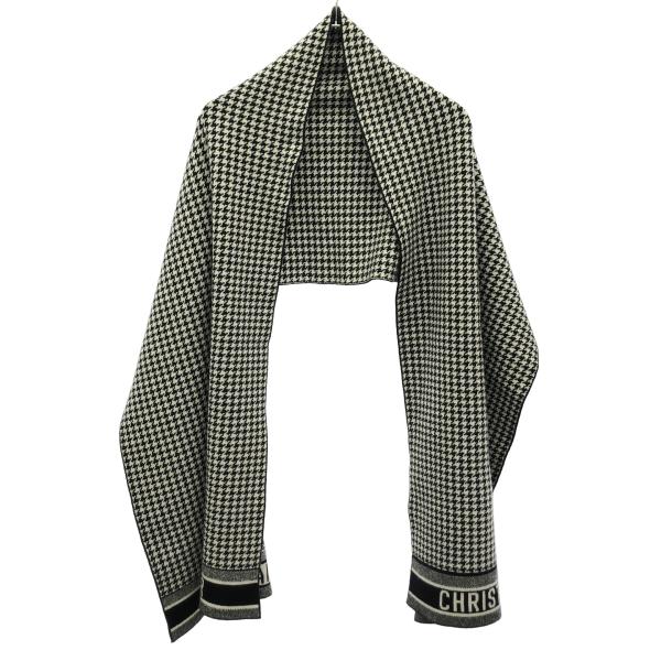 Christian Dior クリスチャンディオール ハウンドトゥースロゴストール  ブラック×ホワ...