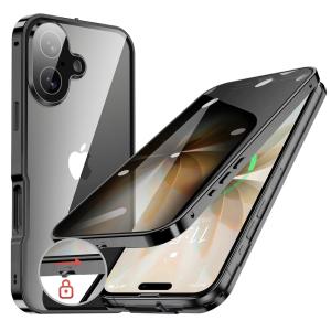 互換品 iPhone17 用 ケース 覗き見防止 ロック機能付 一体型レンズ保護 両面9H強化ガラス ワイヤレス充電対応 ストラップホール付 ブラック