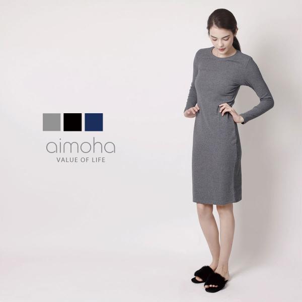 コットンナチュラルワンピース ワンピース 長袖 コットン 綿 ワンピ 膝丈 膝下 シンプル Uネック...