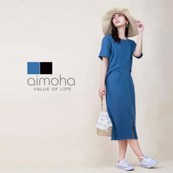 リボンスリットワンピース ワンピース レディース 膝下 半袖 Tシャツ ラフ ゆったり Uネック カ...