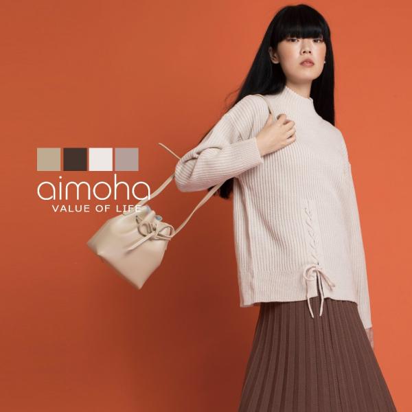 リブサイド編みニットトップス ニット リブ ボトルネック ハイネック リボン ロングスリーブ レース...