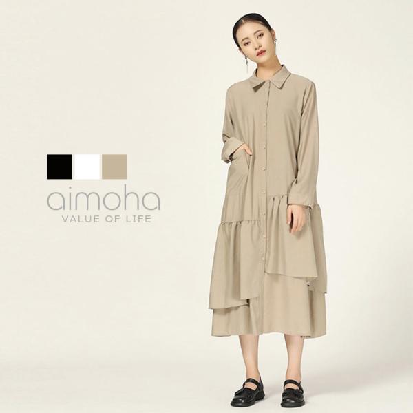 ロングワイシャツワンピース[ポケット付き] シャツワンピース レディース ロングシャツ 襟 フレア ...