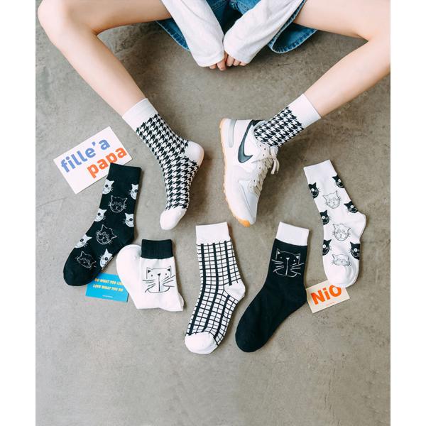 靴下 レディース おしゃれ かわいい ショート ネコ 猫 ギンガムチェック 千鳥格子 綿 綿混 ソッ...