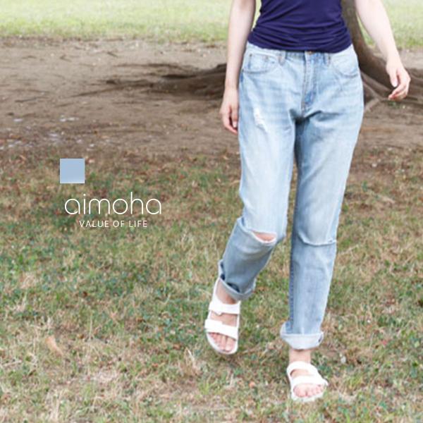 ダメージデニムロールアップパンツ　レディース　ダメージデニム　ボーイフレンドデニム　ボトムス　ジーン...