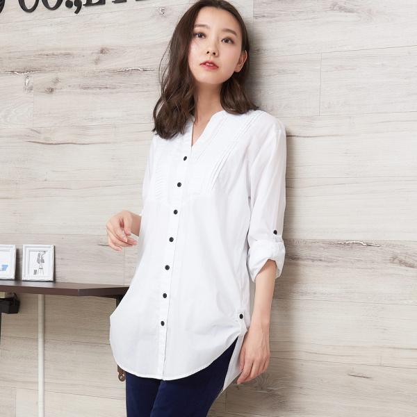 ノーカラーシャツ ブラウス コットン チュニック丈 チュニック 長袖シャツ はんぱ丈 綿 ロールアッ...