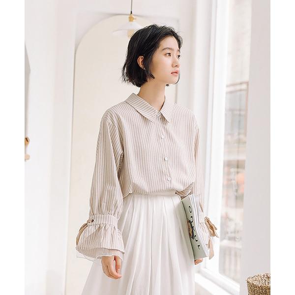 ストライプシャツ ブラウス シャツ ストライプ レディース コットン 綿 トップス フレアスリーブ ...