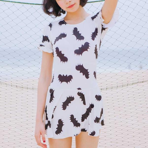 ワンピース水着 水着 バット柄 ワンピース フレア レディース ワンピース水着 体系カバー スイムウ...