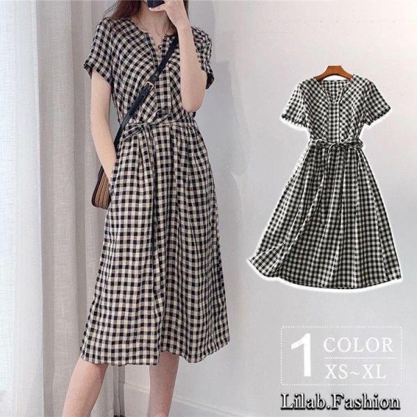 ワンピース ミモレ丈 半袖 レディース 大人 春 夏 ハニーズ ロング チェック柄 マキシ丈 ドレス...
