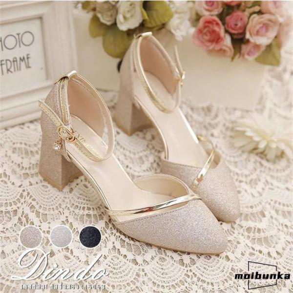 シューズ結婚式レディース疲れないパンプス痛くないポインテッドトゥストラップキラキラピンヒールパーティ...