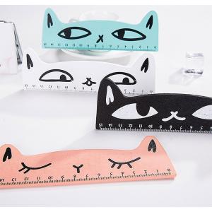 定規ものさし 猫 ねこ フェイス 木製 15cm （ピンク ミント ホワイト ブラック 4個セット）｜moin-moin