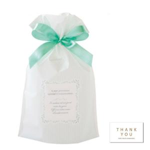 ラッピング 袋 リボン マチ付き プレゼント用 8枚 + Thank youシール 水色 ミントストライプ (17cm×11.8cm×マチ6cm )｜moin-moin