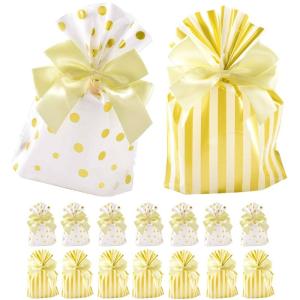 ラッピングゴールド 金色 水玉 | 高さ20×幅14×奥行6cm | ドット8枚 + ストライプ8枚 + リボン セット｜moin-moin