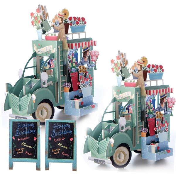 メッセージカード バースデー グリーディング 飛び出す アンティーク な販売車の花屋さん ( 立体カ...