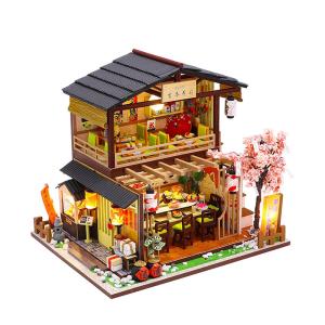 ドールハウス ミニチュア 手作りキット セット桜咲く寿司屋さん | 二階建て 和風 寿司 桜 春 | 中型 | LEDライト ( 吉本寿司 )