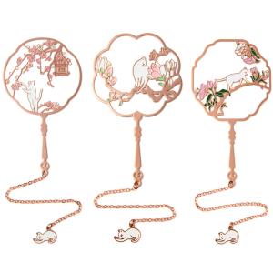しおり ブックマーク ブックマーカー 猫 扇形 うちわ   チェーン 花 桜 さくら ゆらゆら 揺れる   ゴールド 金色 3種セット