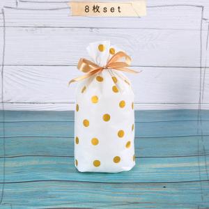 ラッピング袋 リボン ギフト プレゼント用 縦17×横12×マチ6cm 8枚 + Thank you シール 8枚セット 金 ゴールド ドット 水玉｜moin-moin