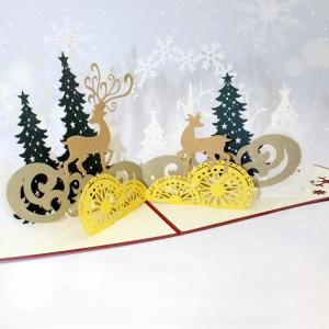 クリスマスカード メッセージ | トナカイとクリスマスツリー ラメ キラキラ | 繊細 美麗 | 飛び出す 3D 立体 | 本体+封筒×2つセット｜moin-moin