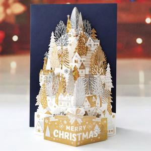 moin moinクリスマス カード クリスマスツリー ( 封筒 付 ) 大きめ ツリー シルバー ホワイト ゴールド 美麗 箔押し ホリデー 街 キラキラ 立