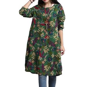 大人 可愛い かわいい レトロ ロング 花柄 チュニック ワンピース (XXL, グリーン