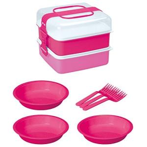 サンコープラスチック 弁当箱 ピクニックケース リオパック L型 2段 取り皿3枚 フォーク3本付き ピンク 約W233