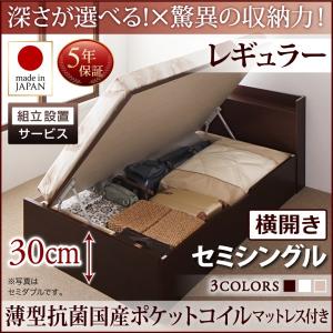 組立設置付 国産跳ね上げ収納ベッド 新生活 Clory クローリー 薄型抗菌国産ポケットコイルマットレス付き 横開き セミシングル 深さレギュラー｜momoda