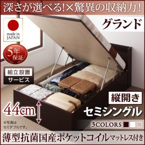 組立設置付 国産跳ね上げ収納ベッド 新生活 Clory クローリー 薄型抗菌国産ポケットコイルマットレス付き 縦開き セミシングル 深さグランド｜momoda