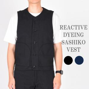 桃太郎ジーンズ ベスト 刺子 反応染め ブラック ネイビー REACTIVE DYEING SASHIKO VEST MXVE1000｜monkeys