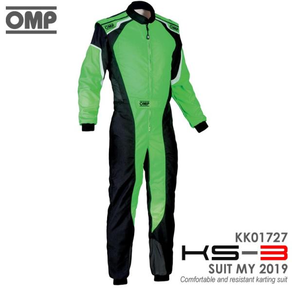 在庫限り：OMP KS-3 SUIT ADULT グリーン×ブラック レーシングスーツ CIK-FI...