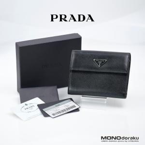 プラダ サフィアーノ PRADA SAFFIANO 三つ折り財布 三角ロゴ M017 ブラック 美品｜monodoraku