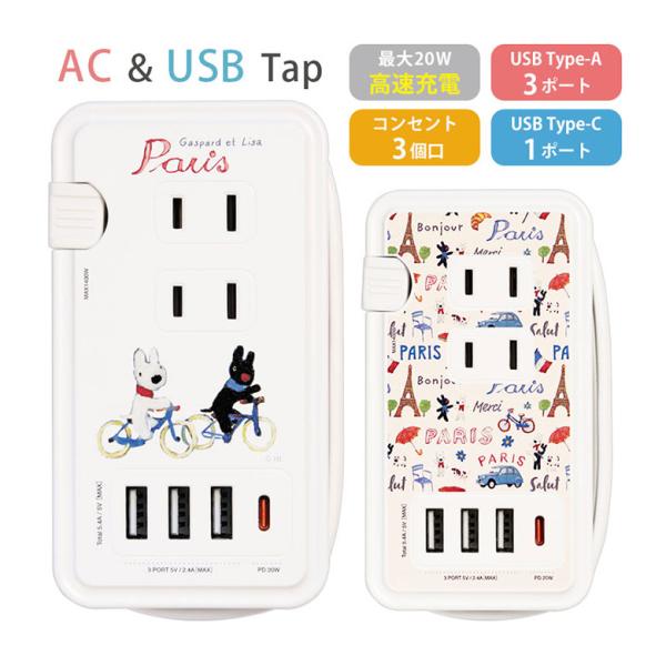 ACタップ USB リサとガスパール USBポート付き コンセント3口 Type-Cポート USBポ...