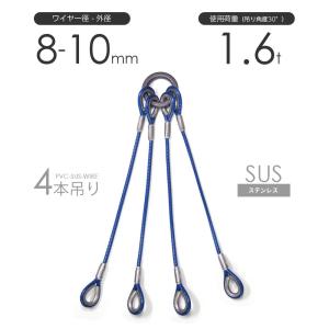 JIS品。4本吊。PVCワイヤースリング。青透明 4本吊りビニール被覆ステンレス玉掛けワイヤー 10-12mm(7x19 SUS) ビニ