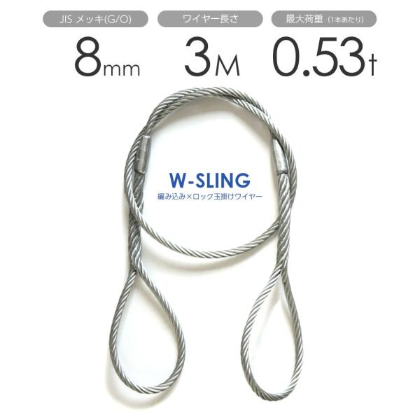 ダブルスリング Φ8mmｘ3m ヒゲなし 玉掛けワイヤーロープ メッキ 1本