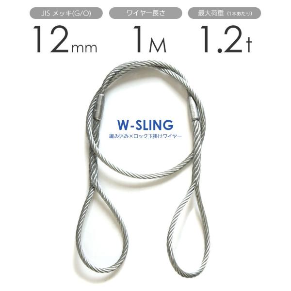 ダブルスリング Φ12mmｘ1m ヒゲなし 玉掛けワイヤーロープ メッキ 1本