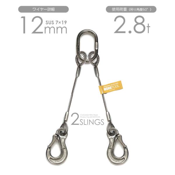 2本吊りALLステンレスワイヤー 12mm(7x19 SUS) リング・フック付き 玉掛けステンレス