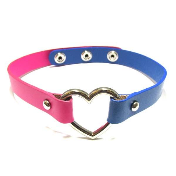 クレイジーカラー フロントリングレザーゴシックパンクチョーカー 4・ショッキングピンク×ブルー/ハー...